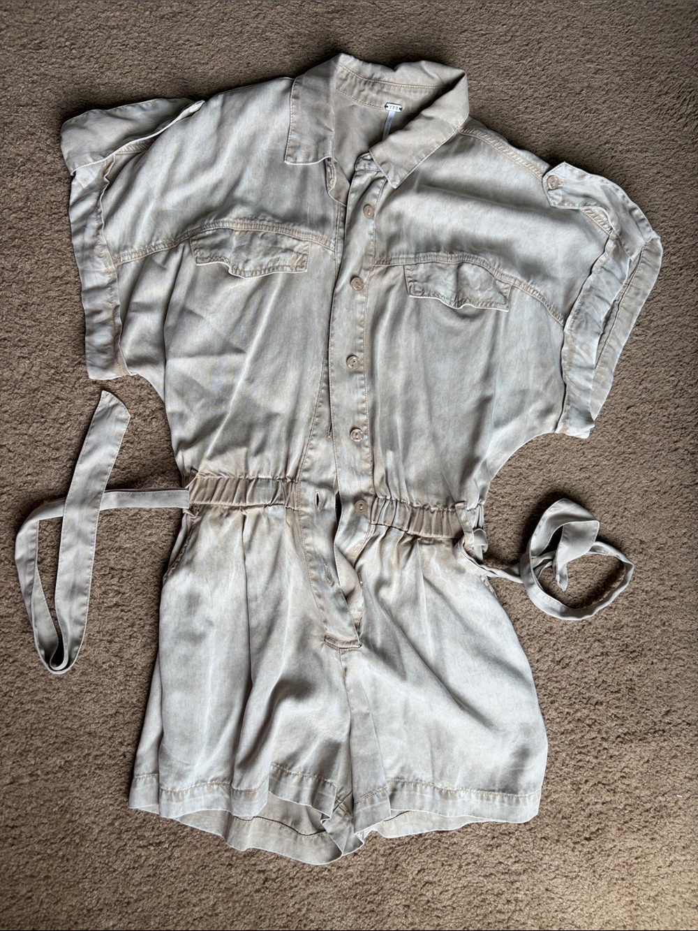 YFB Light Beige Button-Front Romper with Waist Tie